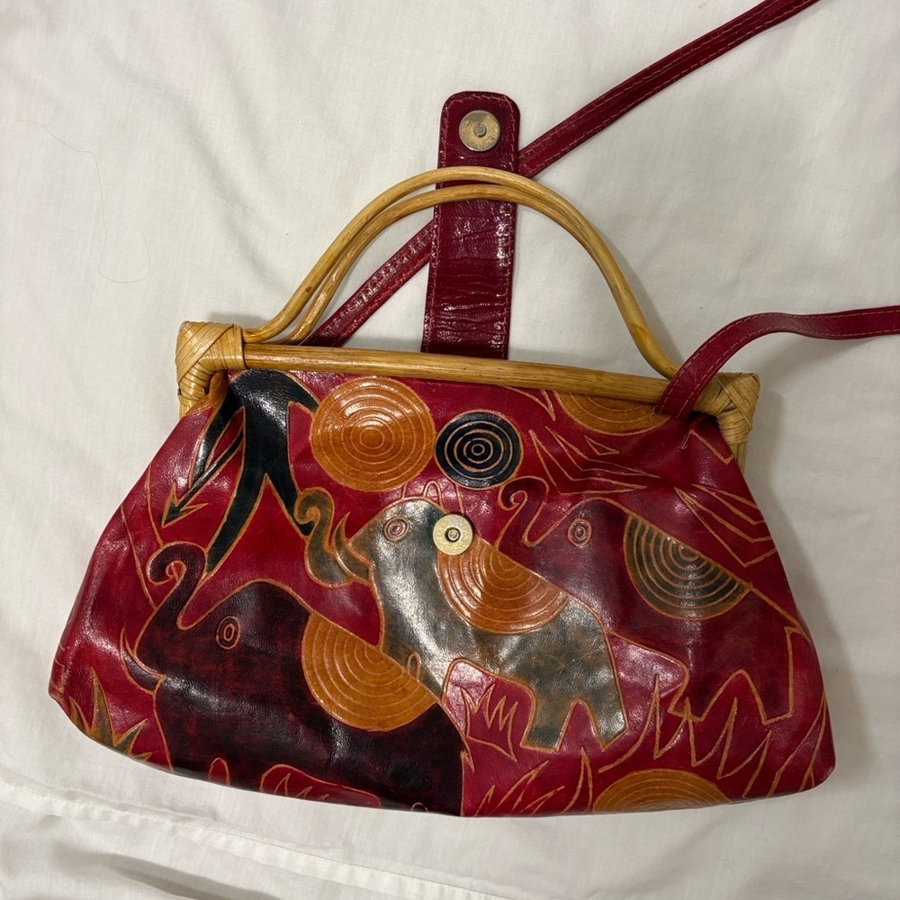 Vintage‎ Elephant Print Red, tan, Greenand Brown crossbody Handbag - Picture 7 of 9